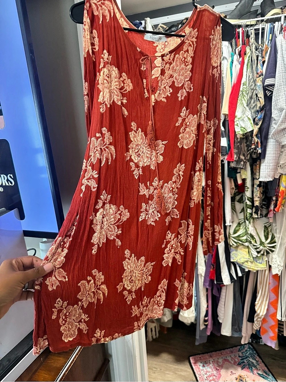 Solemio Floral Mini Dress in Red & Beige Like New